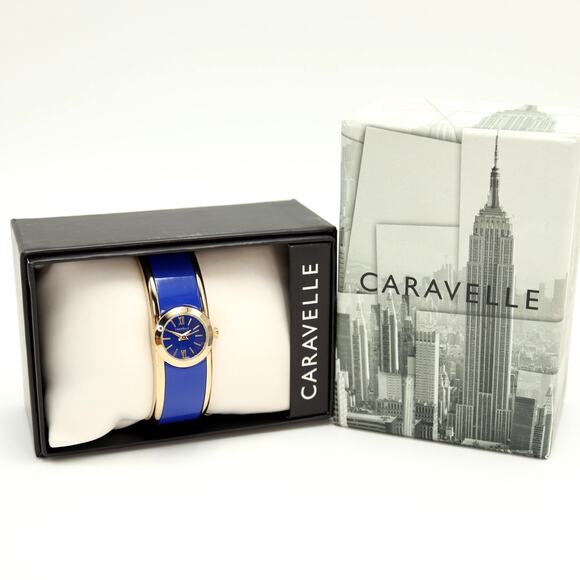 Caravelle New York Blue Gold Tone 20mm Petite Watch Cuff Working New in Box - Picture 1 of 10